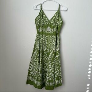 Magic Green and White Cotton Floral Knee Length Dress with Embroidery